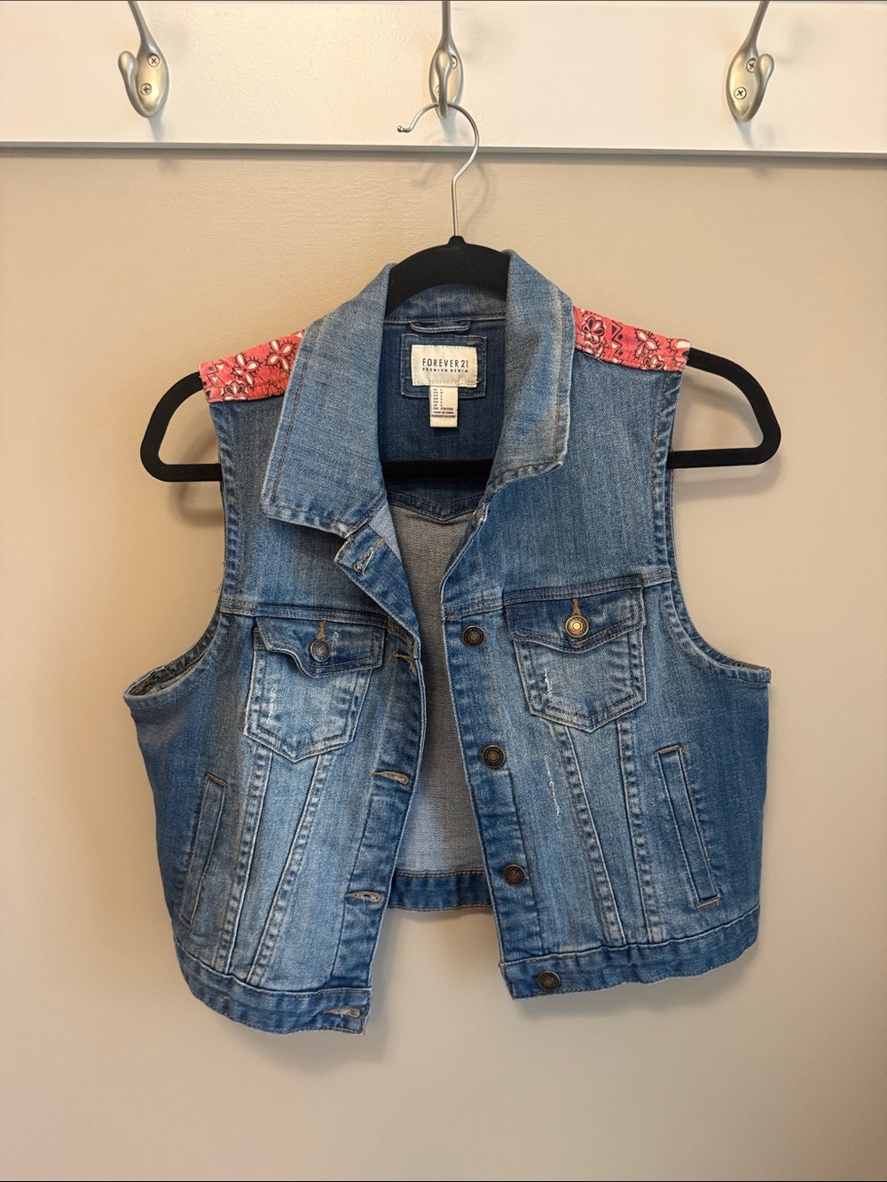 Forever 21 Blue Denim Vest with Pink Bandana Shoulders